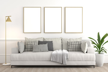 Interior design setup, modern elegant living-room consisting of white couch with various pillows and textiles, lamp and plant on a pot on white wall with framed blanck canvas for mock up 3d render.