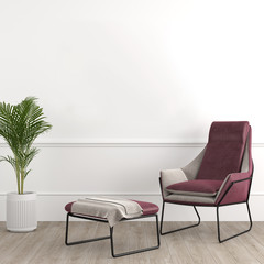 Interior design modern and elegant consisting of armchair with footrest and tropical plant on a pot on white empty wall for mock up 3d render.