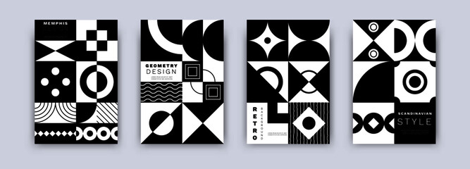 Monochrome geometric swiss posters. Bauhaus minimal pattern, abstract set of trendy placards. Vector design template isolated on grey background