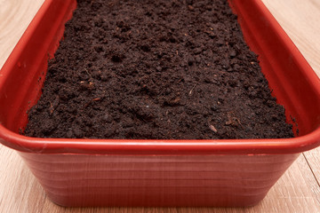 A plastic box filled with black soil prepared for planting seeds of plants of seedlings of flowers and vegetables on a wooden table in the house in spring.