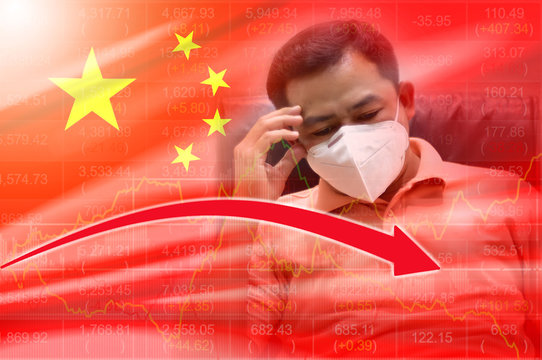 China Shanghai stock market crisis red price arrow down chart fall. The concept dependence of economic decline on spread disease. Business analytic infographics. Coronavirus 2019-nCov. Pandemic virus.