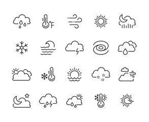 Weather climate line icons. Temperature outline set of cold ice snow fog sun winter rain cloud signs for web apps. Vector linear illustration editable stroke