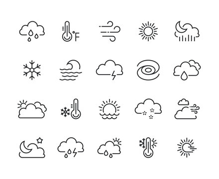 Weather climate line icons. Temperature outline set of cold ice snow fog sun winter rain cloud signs for web apps. Vector linear illustration editable stroke