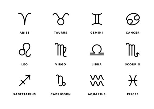 Zodiac line icons. Horoscope symbols, astrology signs as aries taurus gemini cancer leo virgo libra scorpio sagittarius capricorn aquarius pisces, minimal fine line tattoo. Vector set
