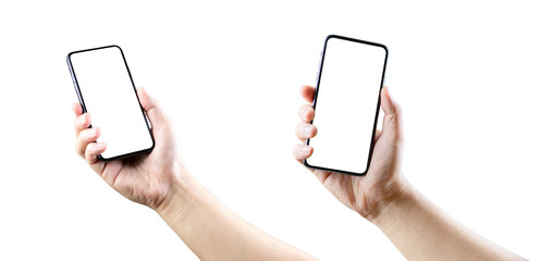 Man hand holding the smartphone full screen with blank screen . isolated on white background.