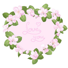 Vector frame with flowers of a blooming apple tree in the spring in the form of a heart