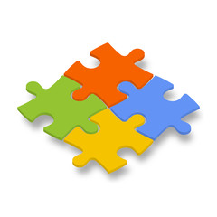 Fototapeta premium 4 colorful jigsaw puzzle pieces. Team cooperation, teamwork or solution business theme. 3D vector illustration with dropped shadow