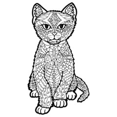 Illustration with hand drawn cat with doodles. Drawing for coloring book. Hand Drawn zentangle.