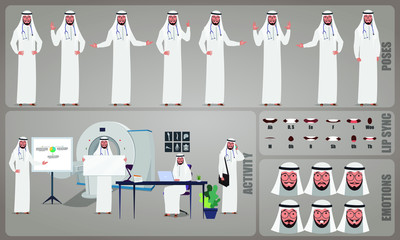 Arab Doctor character Set. Collection of character body Poses, facial gestures, medical activities and Lip syncs poses. Ready-to-use and animate, character set. Vector illustration.