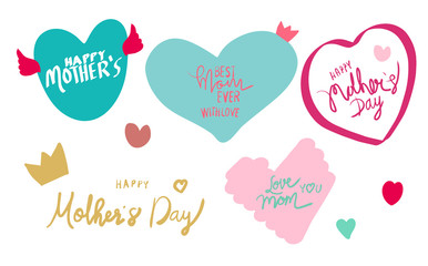 Happy mother's day font Stock Illustration: cartoon woman tags Mother's day card with heart, beautiful handwriting calligraphy font design - vector