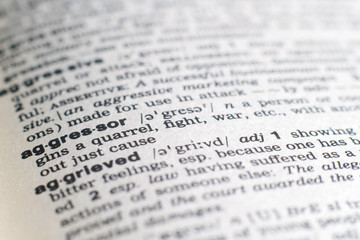 A close-up on a word Aggressor in English dictionary (selective focus)
