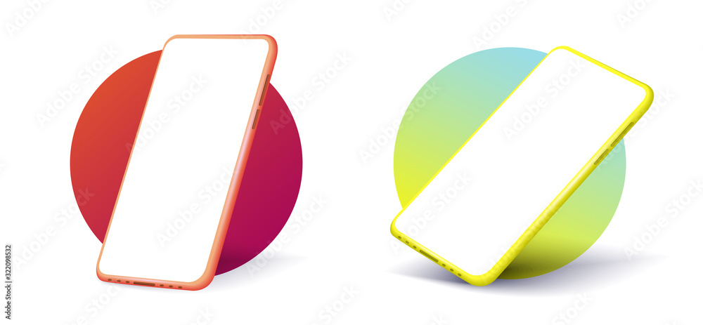 Aufkleber Smartphone frame less blank screen. Mockup generic device. Vector realistic red and green light smartphone template. Smartphones at different angles. Telephone frame with blank display isolated