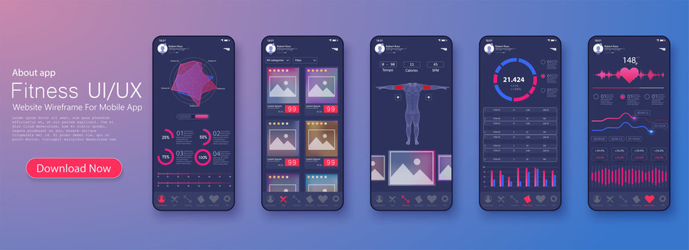 Different UI, UX, GUI screens fitness app and flat web icons for mobile apps, responsive website including. Web design and mobile template. Fitness interface design for mobile application. Vector