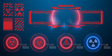 Danger warning circle red sign. Blue and red futuristic frame, radiation sign, toxic sign in modern HUD, GUI, UI  style background. Frame screens. Hi-tech callout bar labels, digital templates. Icon
