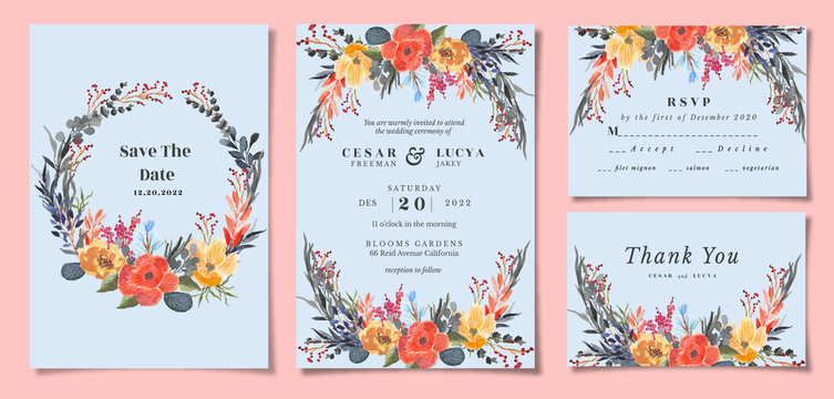 Wedding invitation suite with tropis floral  watercolor