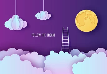 Selbstklebende Fototapeten White stairs to climb above the cloud in the style of paper cut. Papercut night landscape climbing stairs to the sky and trying to achieve success Follow your dream vector motivational poster concept © A_Y_N