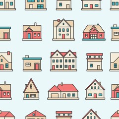 Real estate. Different buildings, houses. Minimalistic outline icons. Colored graphic vector seamless pattern. Cartoon style, simple flat design. Trendy illustration. Blue background