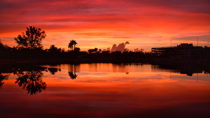 Fototapeta na wymiar blazing sunset glow over the lake