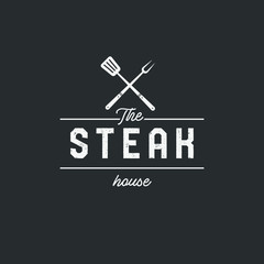 Steak house set logo with grill, steak, knife, meat, wine and beer. A restaurant. Steak cafe. Vector illustration.