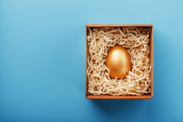 A Golden egg in a box with shavings on a blue background. The concept of individuality, exclusivity, best choice, prize, special surprise, rare gift.