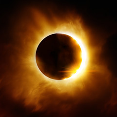 The moon moving infront of the sun creating a total solar eclipse. Ilustration. - obrazy, fototapety, plakaty