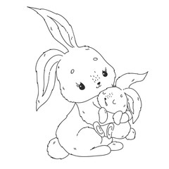 Coloring page with cute bunny. Mother and baby