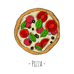Whole pizza with pepperoni, tomatoes, spinach leaves and olives. Top view. Hand-drawn style.
