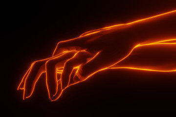 Close up 3D view of grabbing hand with back light fire glowing. Helping, give me your hand concept.