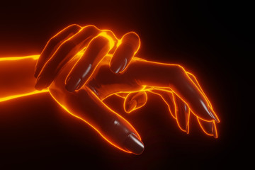 Close up 3D view of hand grabbing hand with light fire glowing effect. Be careful concept. scare concept.