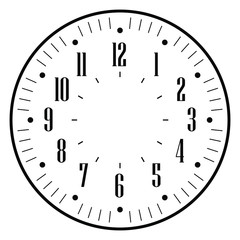 Fototapeta na wymiar Clock face for house, alarm, table, kitchen, wall, wristwatch or special model for kids. Dial for pocket, stop watches, timers or grandfather clocks. Logo for the repair shop.