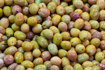 Background close-up shot of olives on the eastern market 
