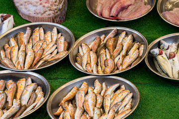 Fresh fish at a market in Istanbul on the banks of the Golden Horn. Close-up shot.