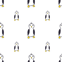 Seamless pattern with primitive penguin, on white background childish style, childish drawing, naive. Line markers, cheerful design. Design for wrapping paper, fabric, textile, baby clothes.