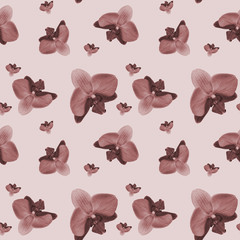 Seamless branches pattern orchids. Repeating texture with floral monochrome flowers. Drawn fabric, gift wrap, wall art design, wrapping paper, background, fabric print, web page backdrop.