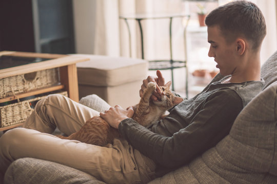 Handsome teenage guy relaxing on modern soft couch at home in living room