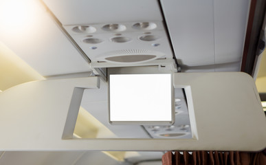 Blank screen in the passenger seat in the plane.