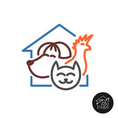 Pet hotel logo. Friend animals in a house. Dog, cat and parrot symbols. Adjustable stroke width.