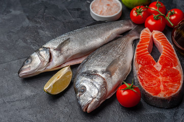 Fresh dorado, seabass, salmon fishes