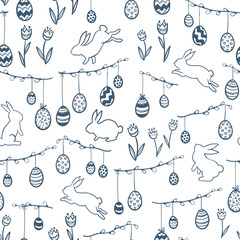 Cute hand drawn easter seamless pattern, hanging easter eggs and bunnies - great for textiles, banners, wallpapers, cards - vector design - obrazy, fototapety, plakaty