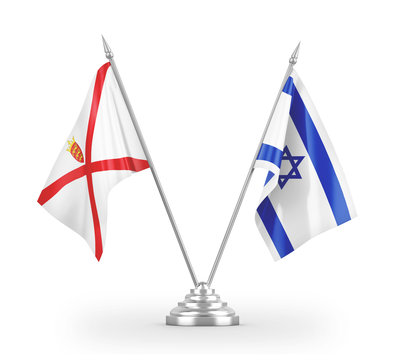 Israel and Jersey table flags isolated on white 3D rendering