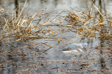 Plastic bottles of water in the pond 