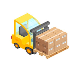 Isometric Forklift truck lifts up pallet with pile of cardboard boxes. 3d yellow Fork loader isolated. Cargo delivery, shipping, transportation concept. Vector illustration for web, apps, infographics