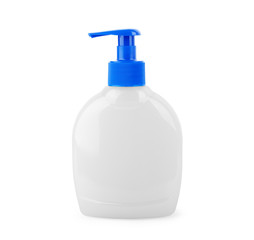 Liquid soap with dispenser on white background