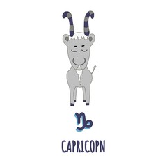 Zodiac sign capricorn,lettering hand drawn in cartoon style.cute character from the constellations of horoscope.Suitable for children's products, t-shirts, cups, calendar, postcards sticker.isolated