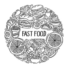 Fast food doodles with circular of hand drawn vector symbols and objects