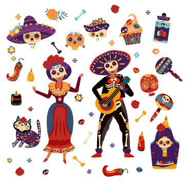 Day of dead festival celebration vector illustration. Mexican woman dancing and man playing guitar in skeleton skull costumes flat isolated on white background.
