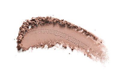 Bronzer, eye shadow swatch smear smudge isolated on white background. Brown makeup powder texture....