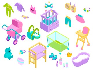 Fototapeta na wymiar Baby girl kid accessories vector illustration. Babies toys, clothes and bath newborn care collection. Babygirl feed, play, dress and carriage cartoon items set isometric style on white background.