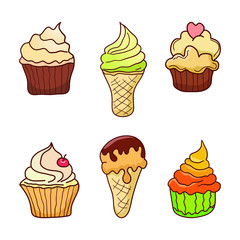 Hand drawn sweets doodle. such us Ice cream, cake. Vector doodles. Isolated food on white background. Black and white.