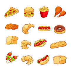Fast food doodle drawing Vector. such as pizza, burger, Bread and cheese etc. Hand drawn vector doodle illustrations 